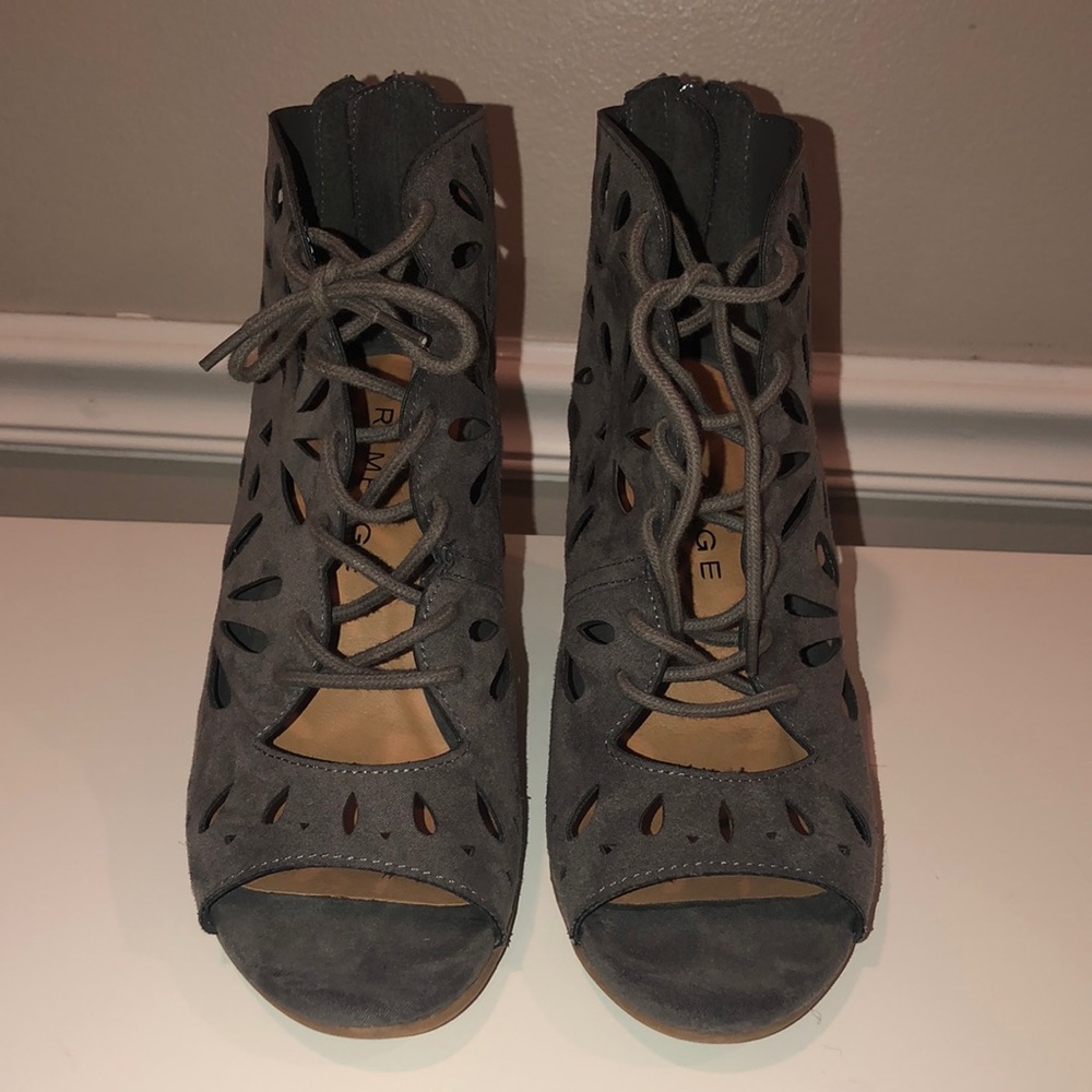 Gray lace-up open toed heels